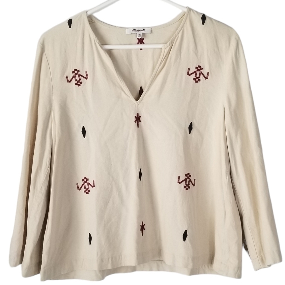 Madewell Boho Raw Silk Embroidered 3/4 Sleeve Top Aztec/Western Print Size S
